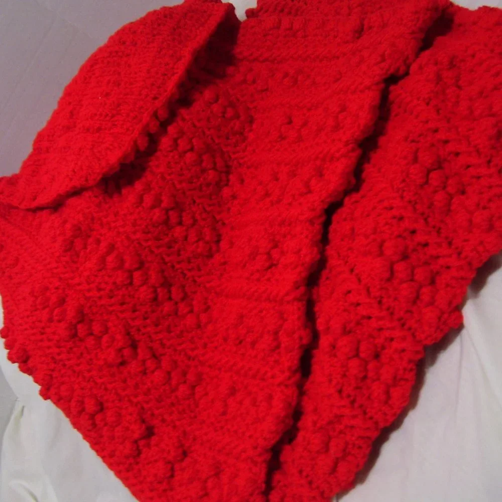 Gorgeous Hand Crochet True Red Popcorn  Afghan Throw Blanket Christmas Gift?